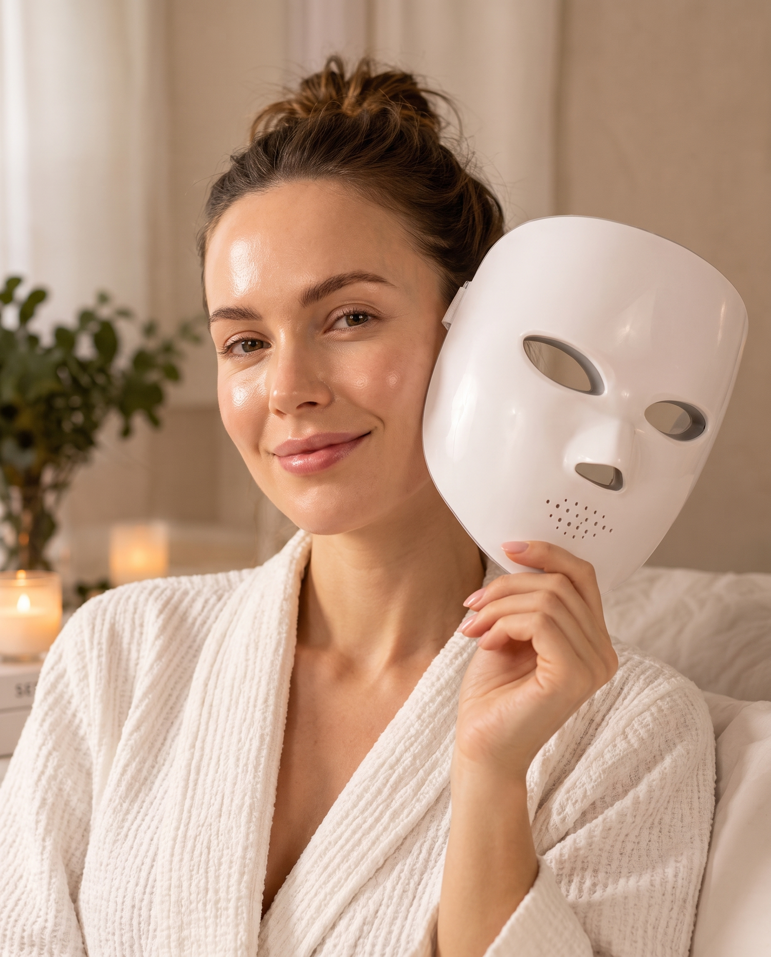Woman with clear skin holding the Glowe LED red light face mask